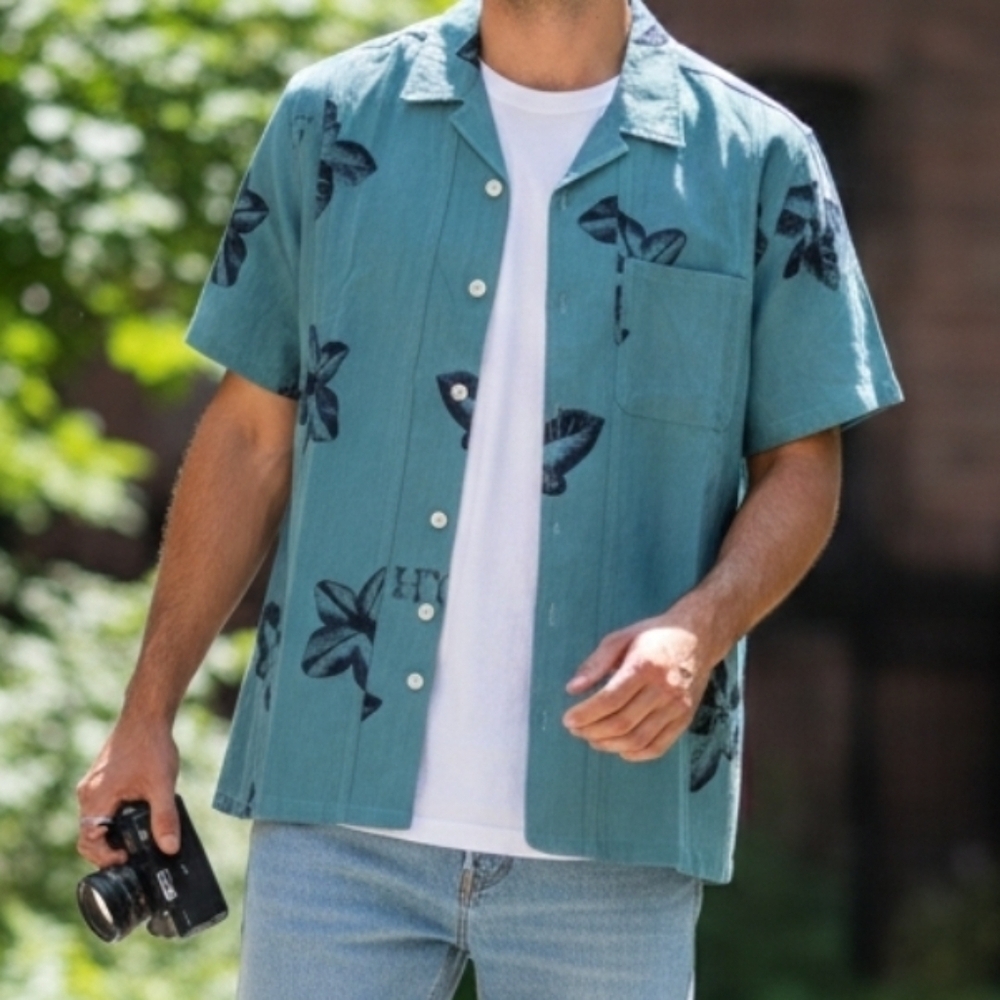 Honor the Gift Men's Tobacco Print Short Sleeve Camp Shirt, Teal